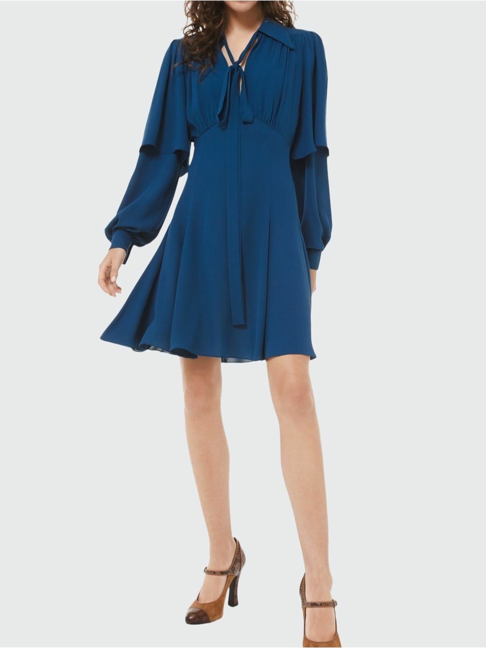 Michael Kors Teal Blue Long-Sleeve Draped Flare A-Line Dress 100% Silk, Size 12